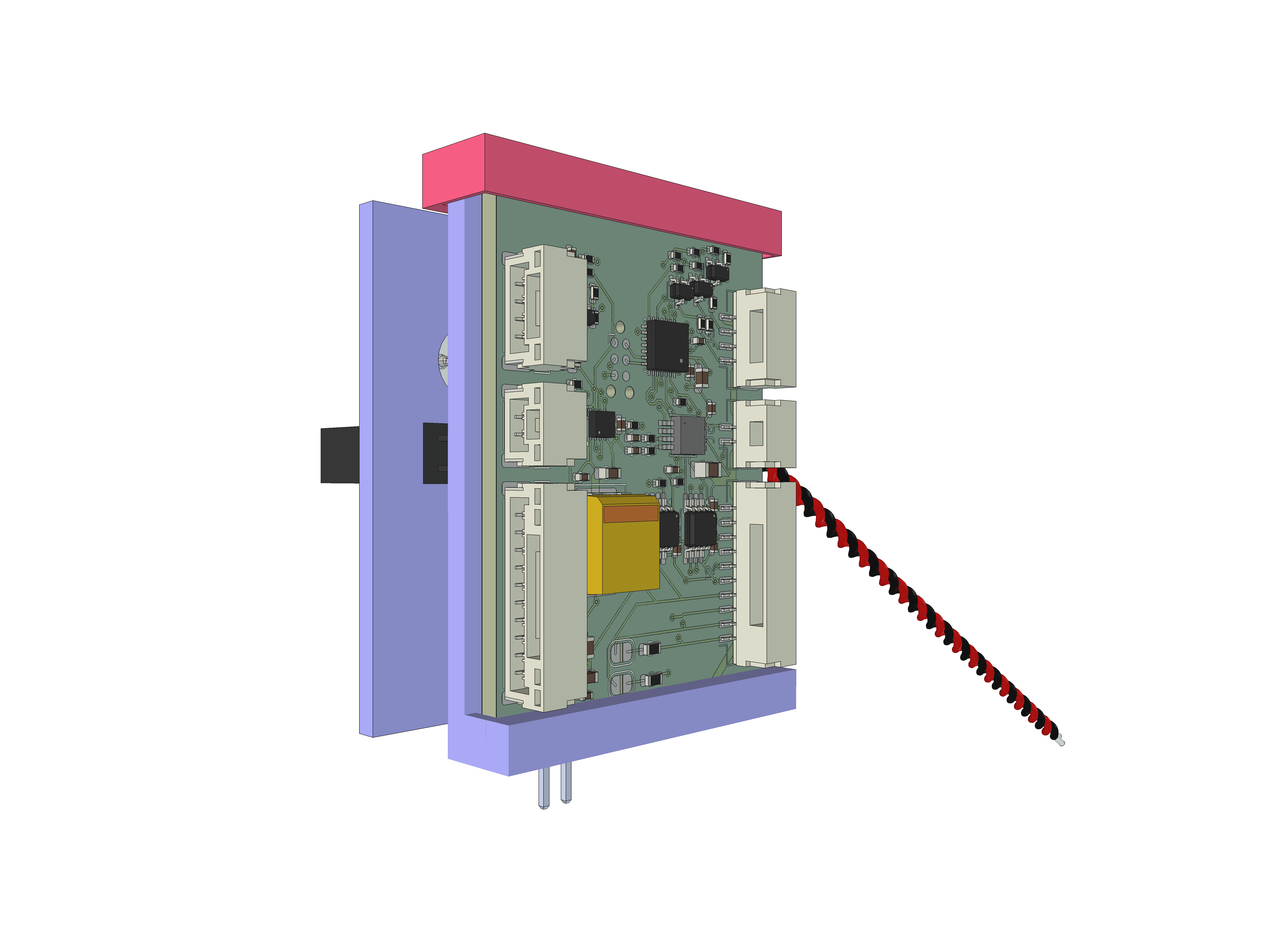 Rear view of a reward-port controller with STM32 control electronics and connectors.